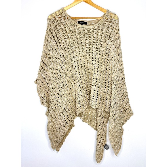 ANGL Crochet Knit Poncho Top Beige Cotton Blend S/M Bohemian - Picture 1 of 9